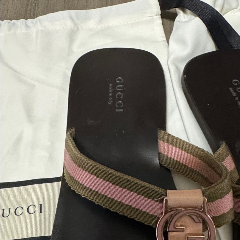 Gucci Pink & Green Web Leather Thong Sandals with GG Size 7.5 - Picture 3 of 7